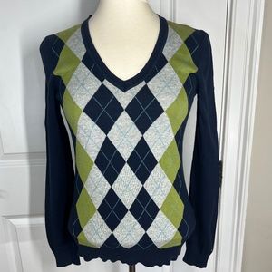 Tommy Hilfiger, Sz. Small Petite Blue Argyle, V Neck, Long Sleeve,  Sweater